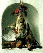 HONDECOETER, Melchior d stilleben med faglar och jaktredskap France oil painting artist